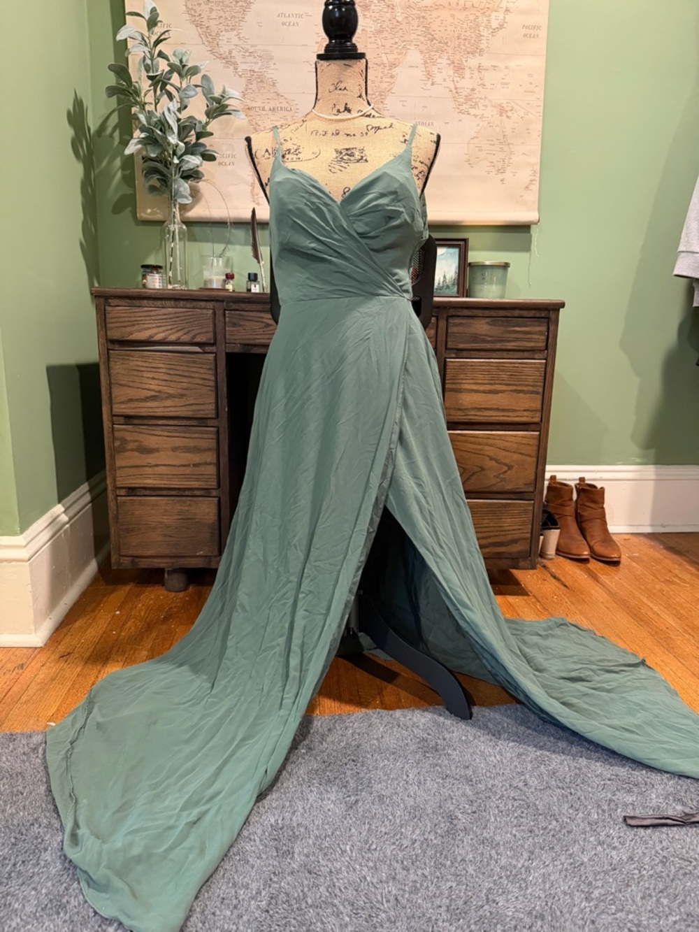 Azazie Sage Green Spaghetti Strap Wrap Gown